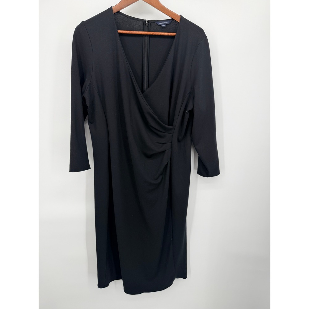 Lands End Faux Wrap Dress Womens 18 Black Good 3/4 Sleeve V-Neck Sheath 461631